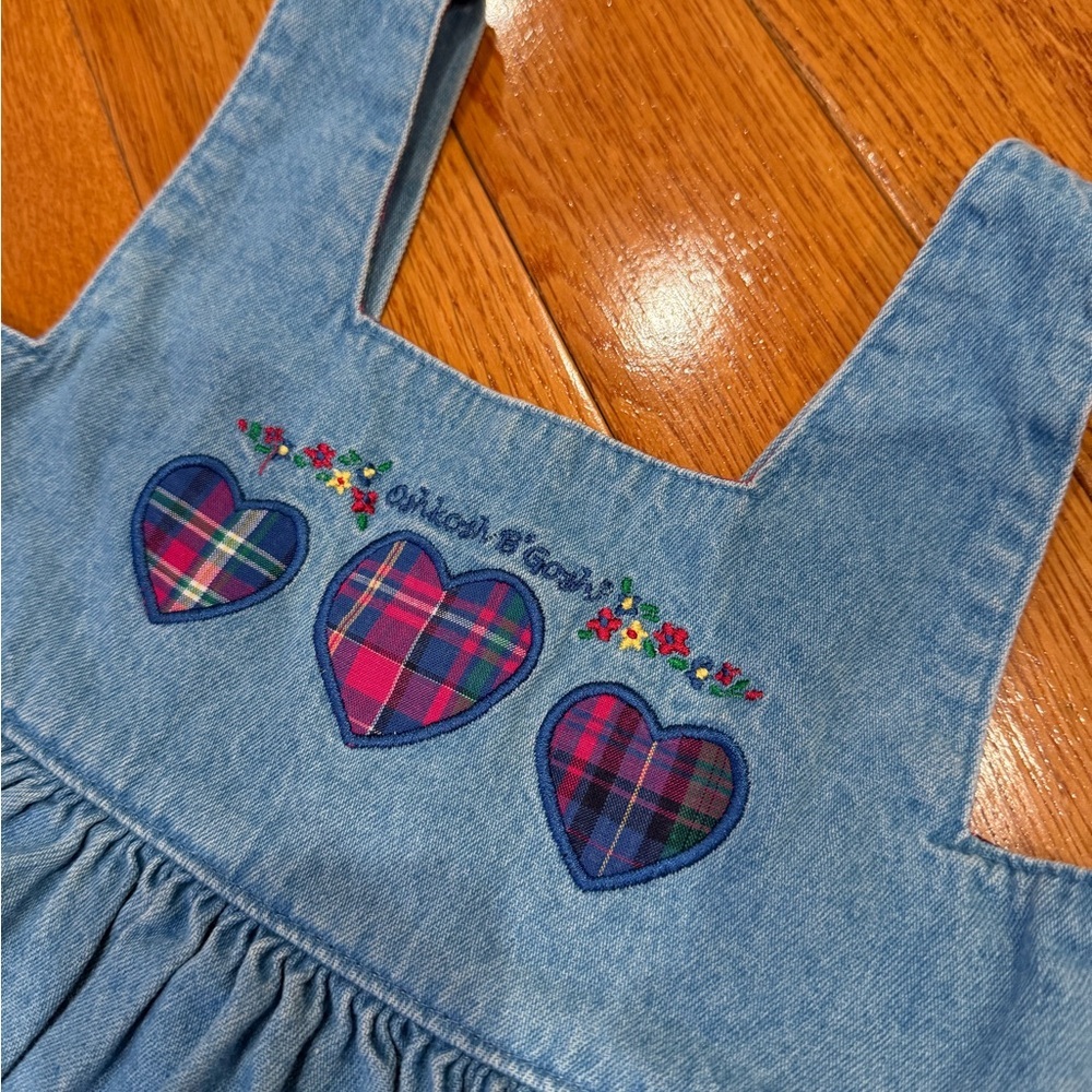 Vintage 90s Girls OSHKOSH B'Gosh Sz 5 Dress Jumper Denim Jean Plaid Hearts - Picture 2 of 12